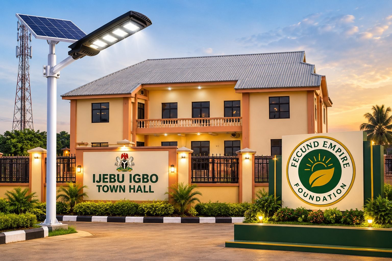 Conceptual illustration of the Fecund Empire Foundation logo, Ijebu Igbo Town Hall and a solar streetlight ahead of Ijebu Got Talent.